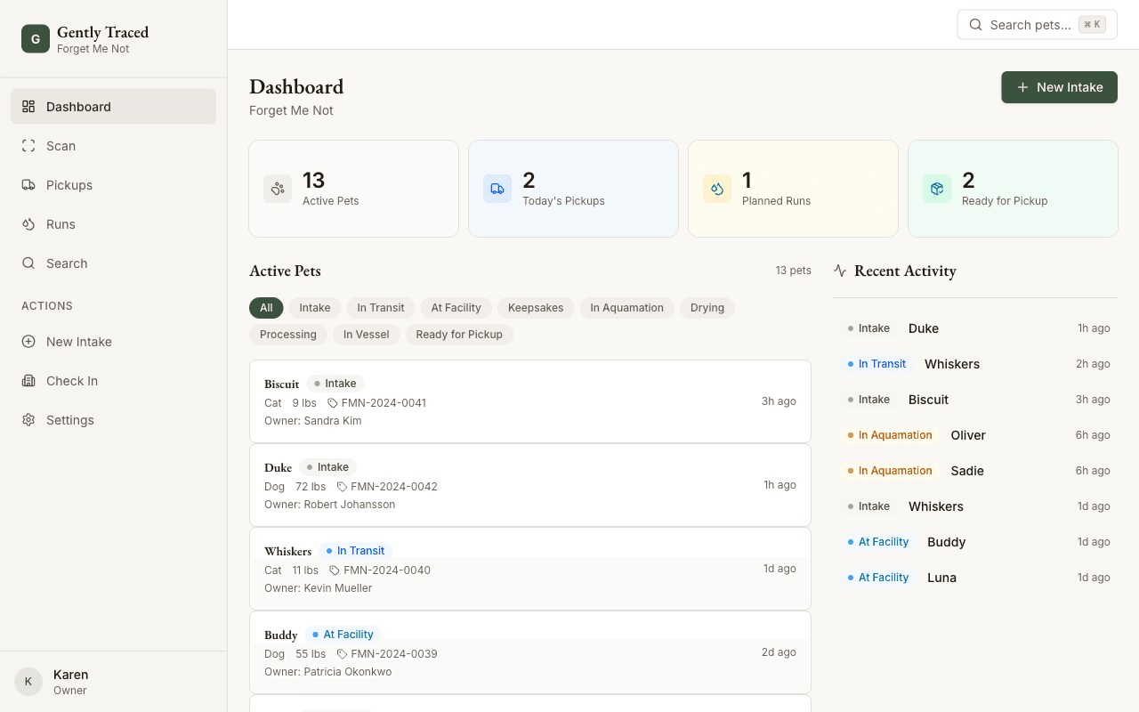 Gently Traced dashboard showing active pets, status filters, and recent activity